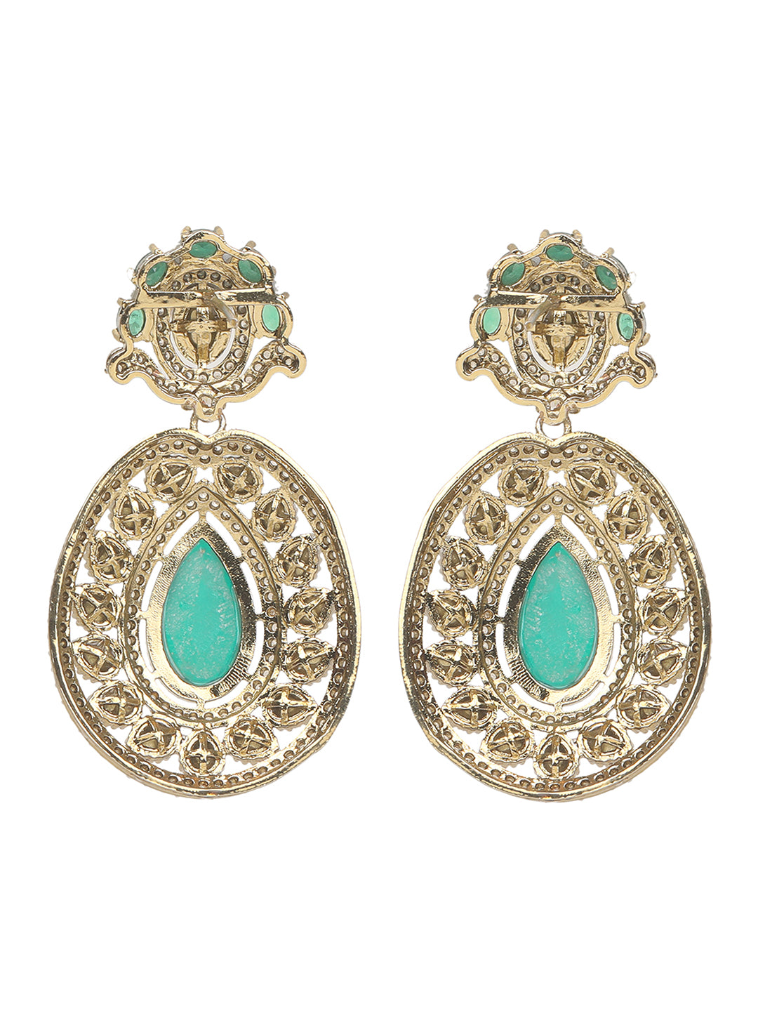 Gold-tone choker necklace set with intricate kundan-style detailing, highlighted by a large teardrop green stone centerpiece and matching drop earrings.