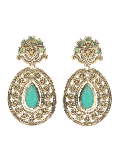 Gold-tone choker necklace set with intricate kundan-style detailing, highlighted by a large teardrop green stone centerpiece and matching drop earrings.