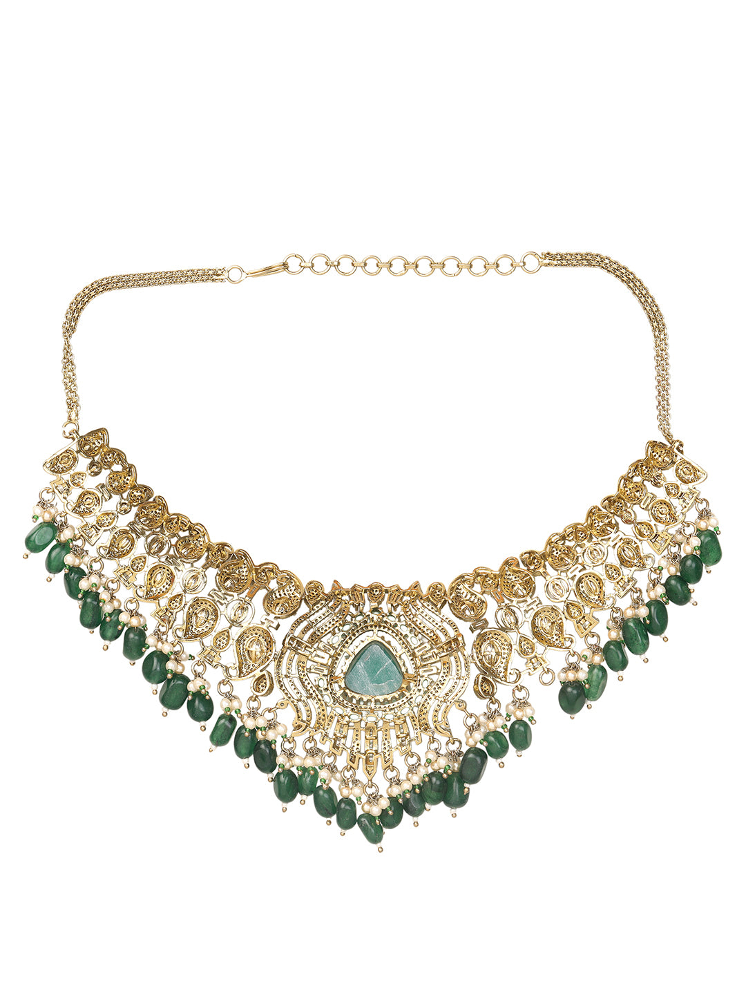 Detailed gold-toned statement necklace with intricate white stone embellishments and a prominent green teardrop centerpiece, finished with dangling green beads and pearls, paired with matching ornate drop earrings, displayed on a plain light background.