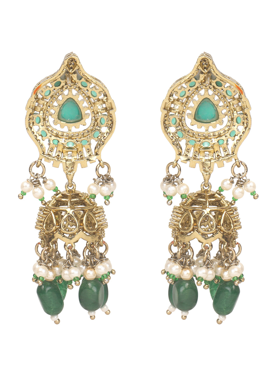 Detailed gold-toned statement necklace with intricate white stone embellishments and a prominent green teardrop centerpiece, finished with dangling green beads and pearls, paired with matching ornate drop earrings, displayed on a plain light background.
