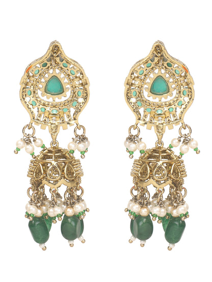 Detailed gold-toned statement necklace with intricate white stone embellishments and a prominent green teardrop centerpiece, finished with dangling green beads and pearls, paired with matching ornate drop earrings, displayed on a plain light background.