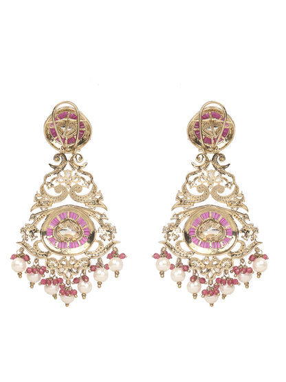 Gold-tone traditional necklace set with pink kundan-style stones, intricate detailing, pearl bead drops, and matching ornate dangling earrings.