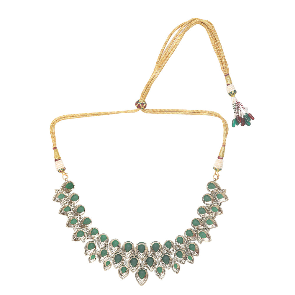 Luxury green stone bridal necklace set with matching earrings, gold plated statement jewelry for weddings and parties