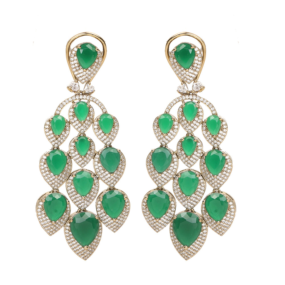 Luxury green stone bridal necklace set with matching earrings, gold plated statement jewelry for weddings and parties