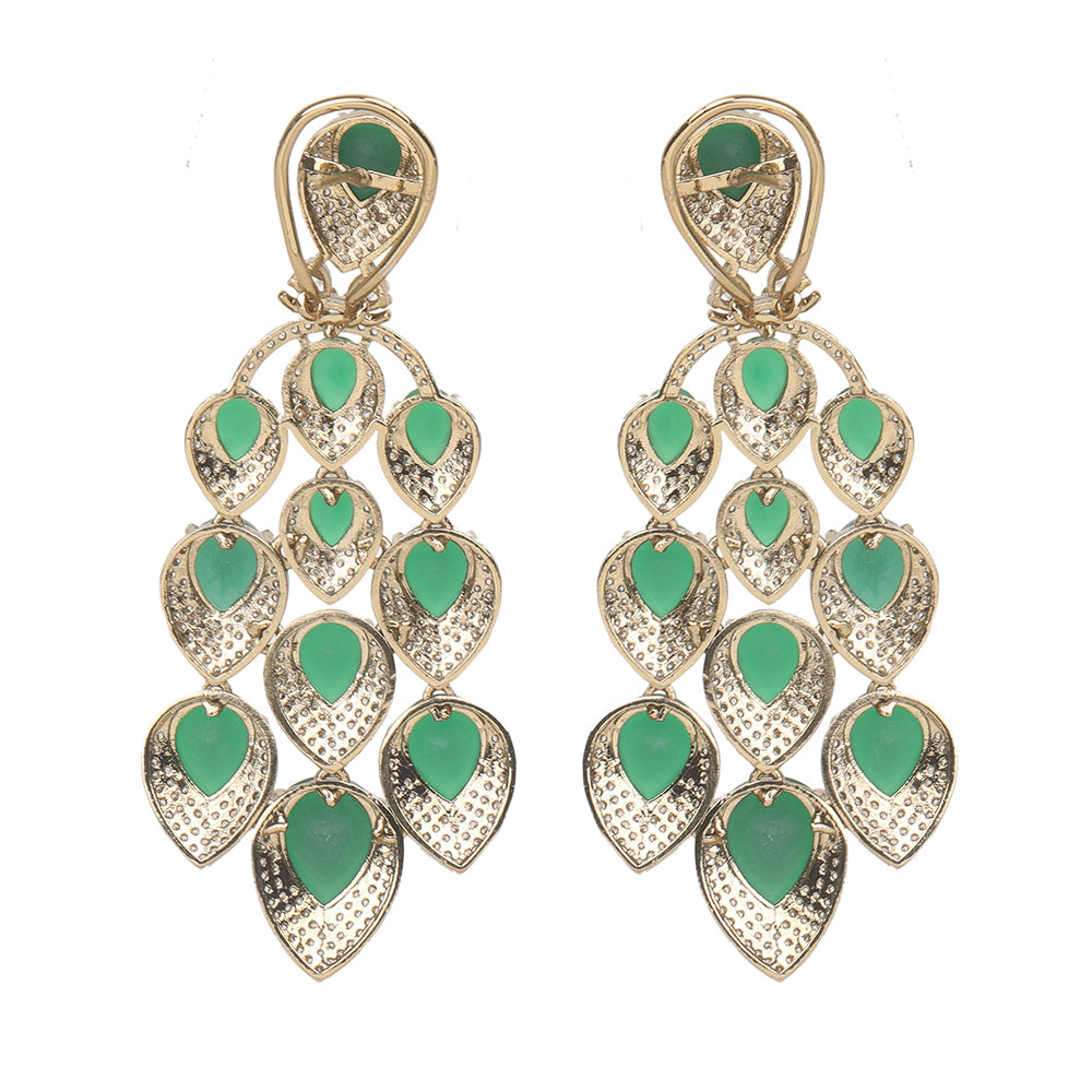 Luxury green stone bridal necklace set with matching earrings, gold plated statement jewelry for weddings and parties