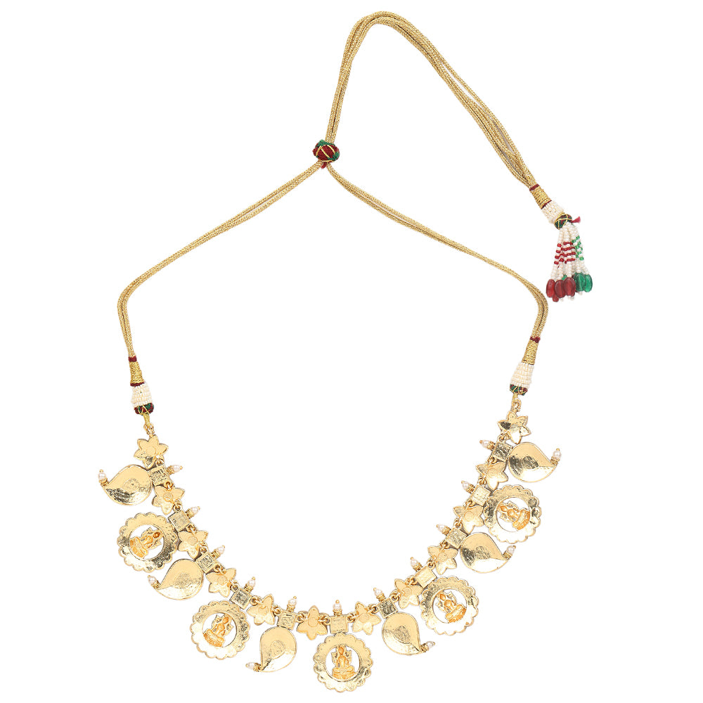 Gold plated temple Lakshmi necklace set with pink and green stones and matching earrings with pearl drops on white background