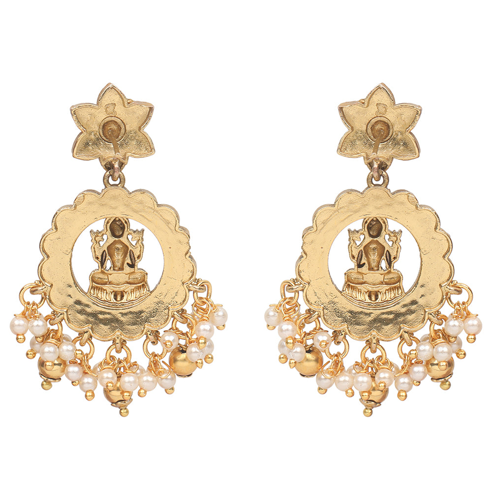 Gold plated temple Lakshmi necklace set with pink and green stones and matching earrings with pearl drops on white background