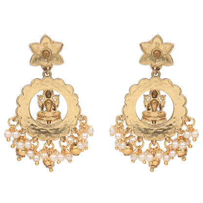 Gold plated temple Lakshmi necklace set with pink and green stones and matching earrings with pearl drops on white background
