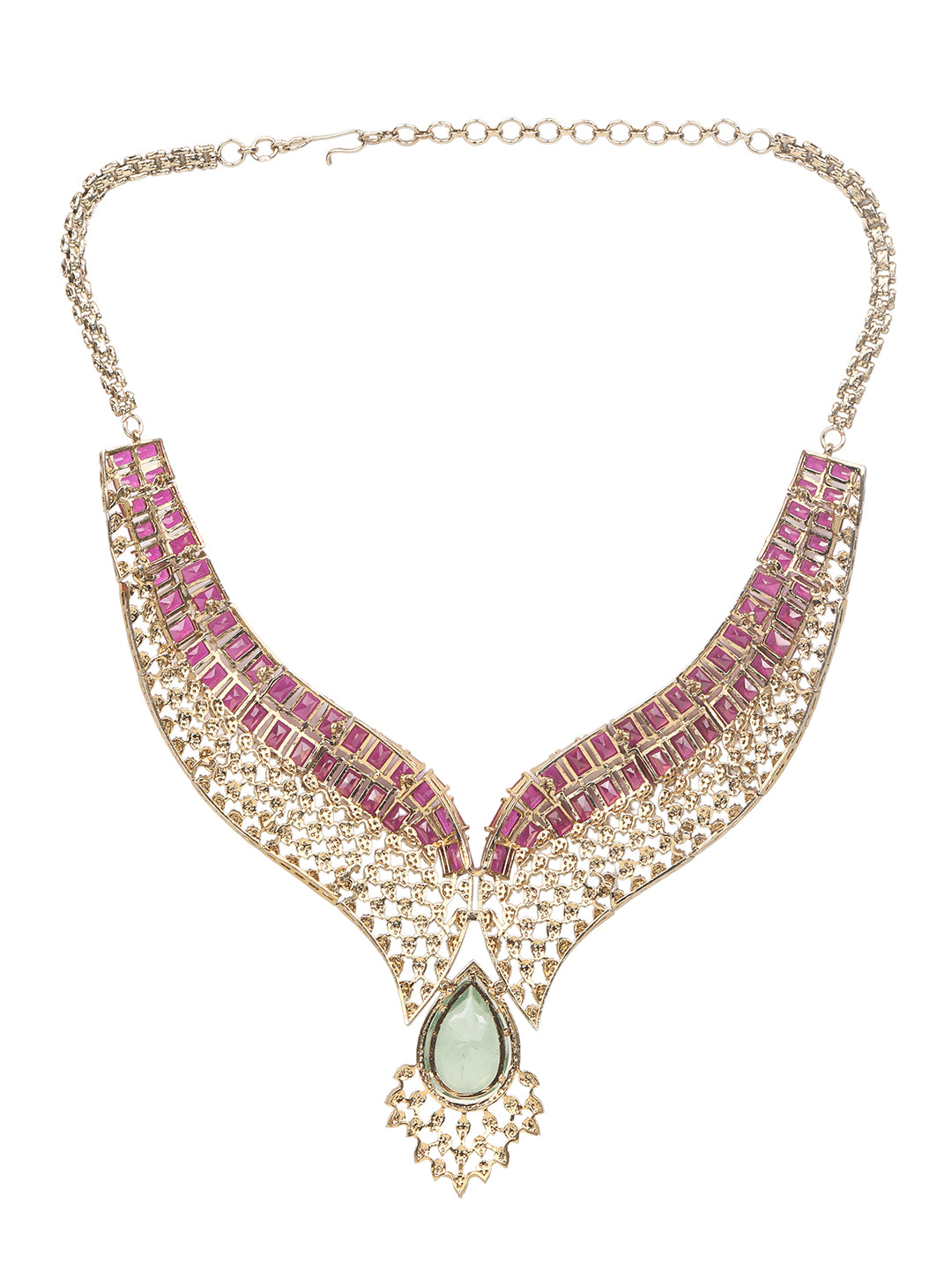 Gold plated ruby and emerald statement necklace set with matching earrings, bridal jewelry design with teardrop green stone and crystal detailing
