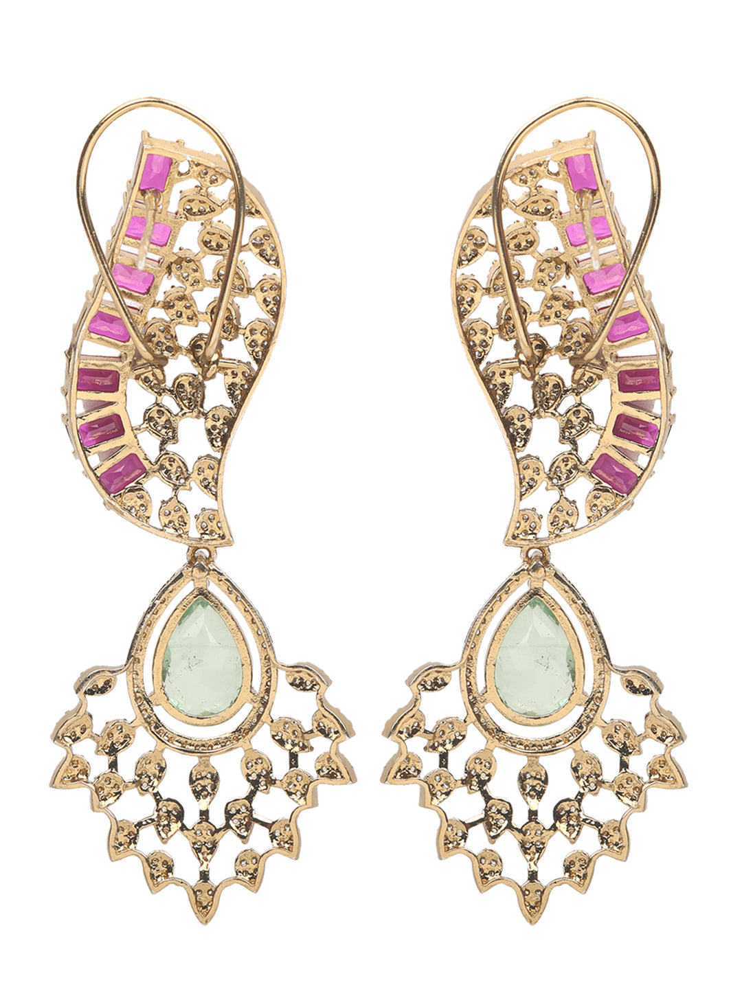Gold plated ruby and emerald statement necklace set with matching earrings, bridal jewelry design with teardrop green stone and crystal detailing