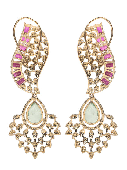 Gold plated ruby and emerald statement necklace set with matching earrings, bridal jewelry design with teardrop green stone and crystal detailing