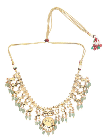 Gold Plated Kundan Necklace Set with Pink & Green Stones and Drop Beads