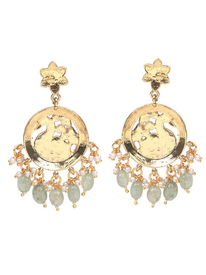 Gold Plated Kundan Necklace Set with Pink & Green Stones and Drop Beads