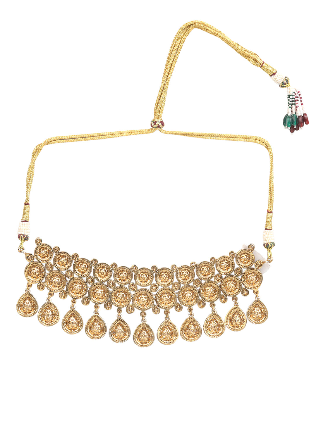 Gold-plated Kundan choker necklace set with teardrop stones and matching earrings for bridal and wedding wear