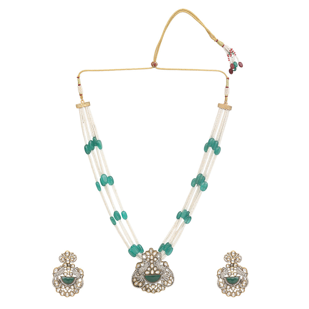Green beaded Kundan long necklace set with pearl strands and matching traditional earrings for bridal and festive wear