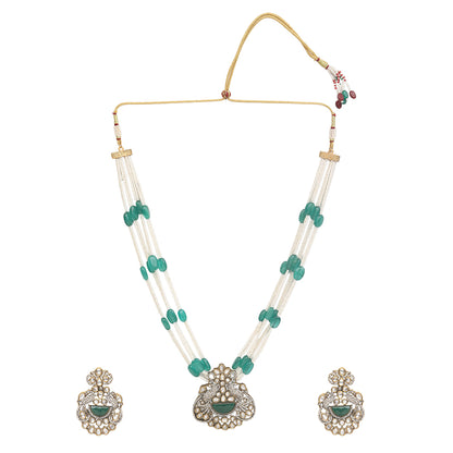 Green beaded Kundan long necklace set with pearl strands and matching traditional earrings for bridal and festive wear
