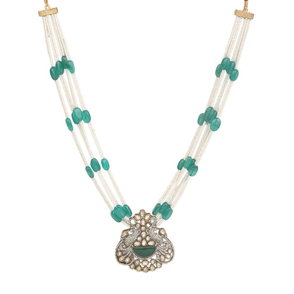 Green beaded Kundan long necklace set with pearl strands and matching traditional earrings for bridal and festive wear
