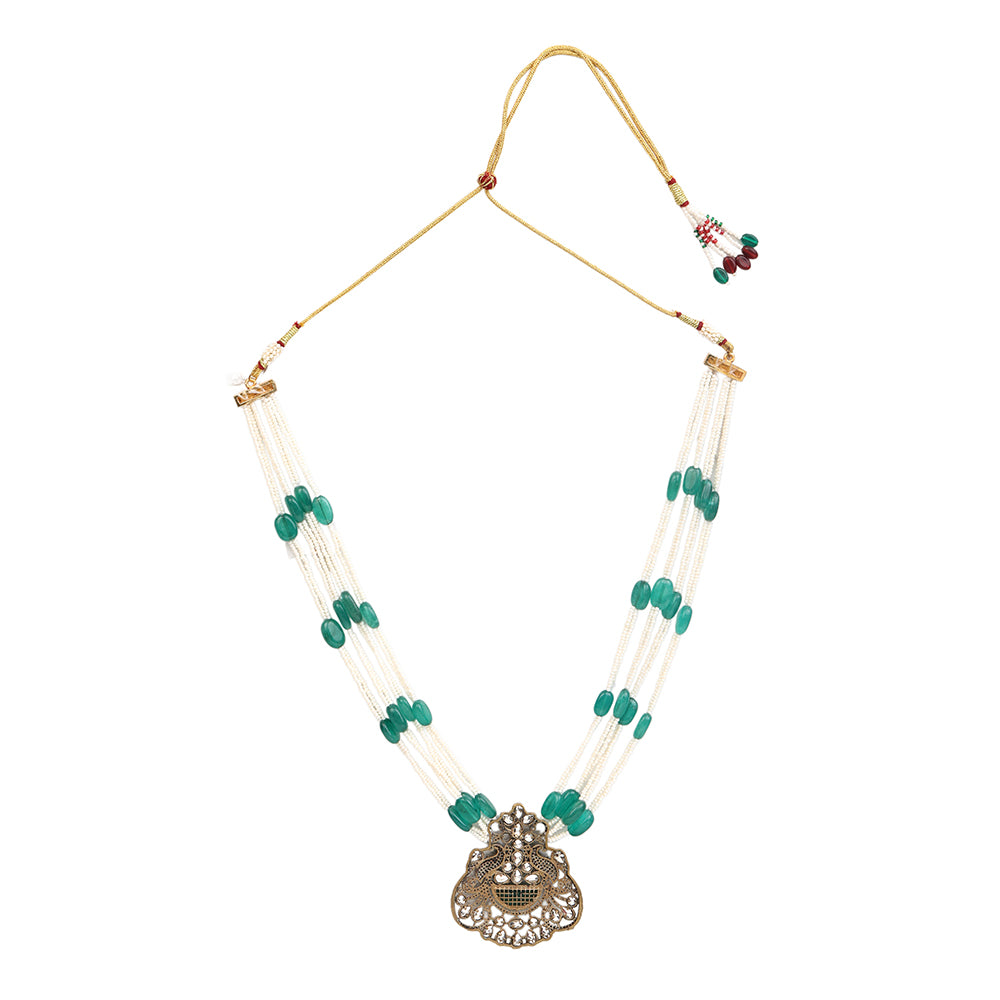Green beaded Kundan long necklace set with pearl strands and matching traditional earrings for bridal and festive wear
