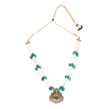 Green beaded Kundan long necklace set with pearl strands and matching traditional earrings for bridal and festive wear