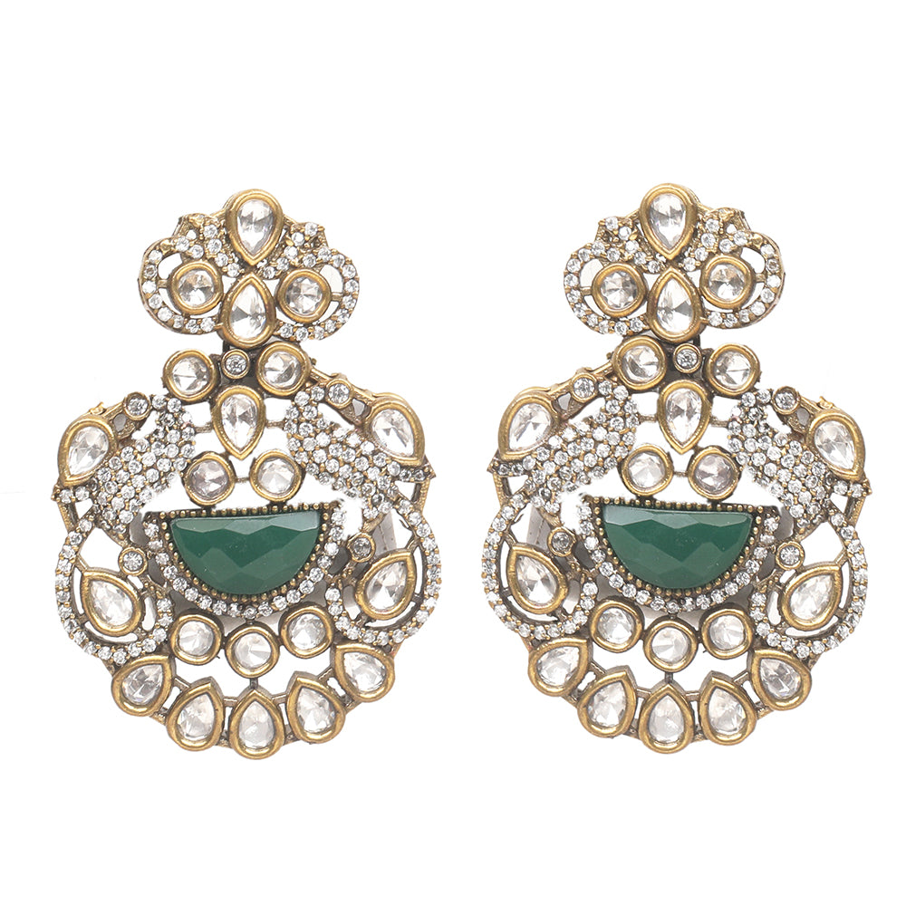 Green beaded Kundan long necklace set with pearl strands and matching traditional earrings for bridal and festive wear
