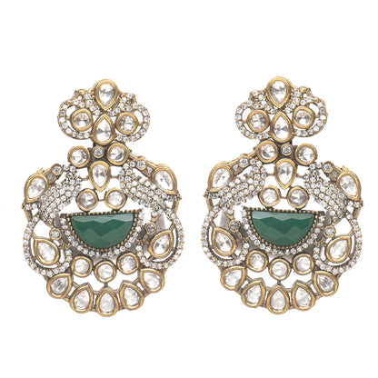 Green beaded Kundan long necklace set with pearl strands and matching traditional earrings for bridal and festive wear