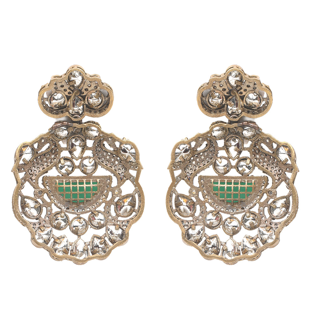 Green beaded Kundan long necklace set with pearl strands and matching traditional earrings for bridal and festive wear