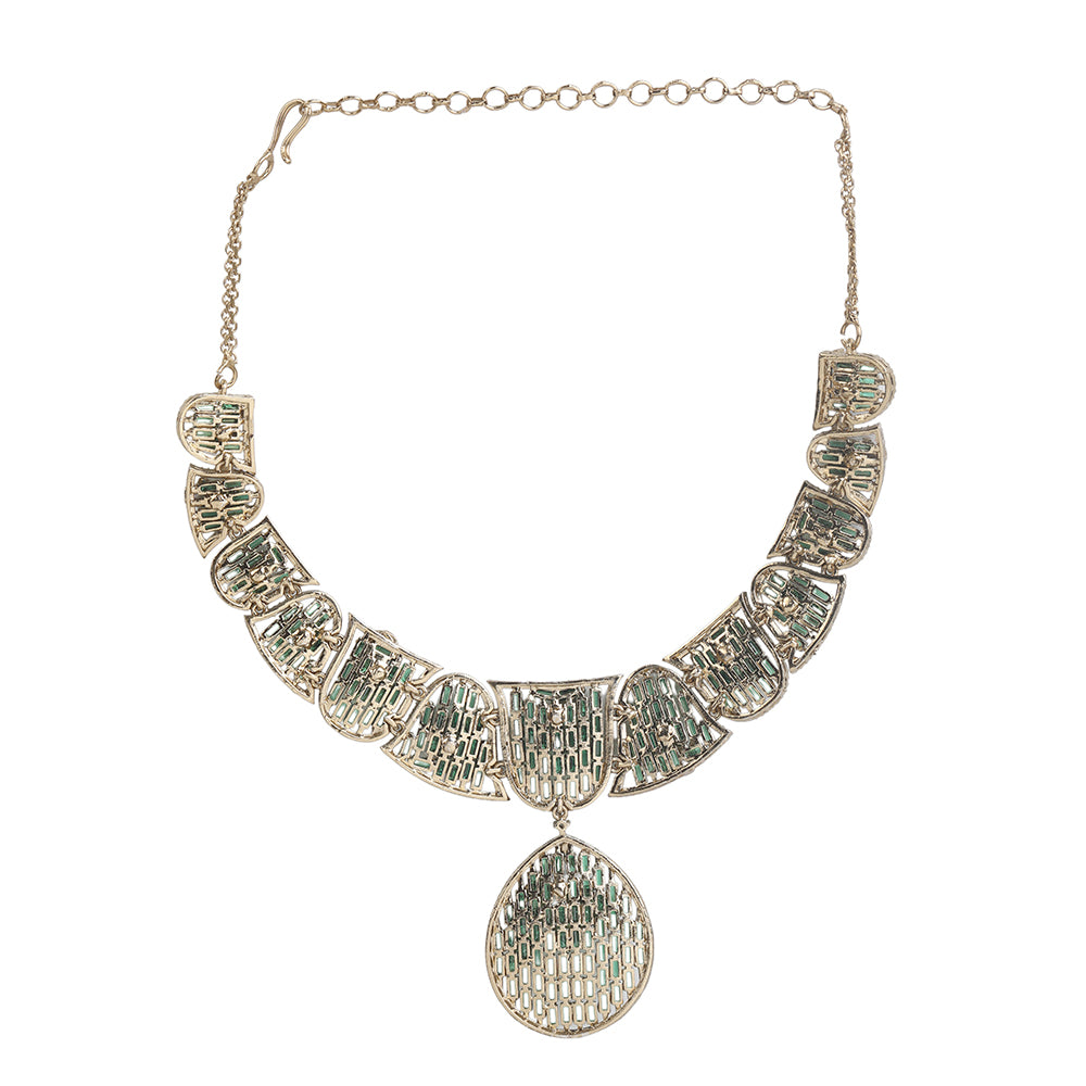 Gold plated statement necklace set with green stones and matching chandelier earrings for bridal and festive wear
