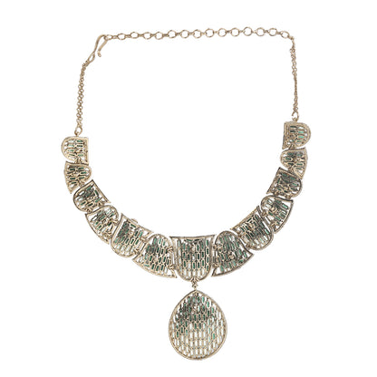 Gold plated statement necklace set with green stones and matching chandelier earrings for bridal and festive wear