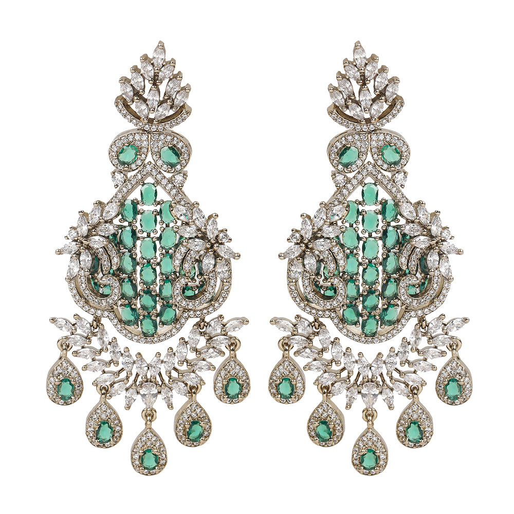 Gold plated statement necklace set with green stones and matching chandelier earrings for bridal and festive wear