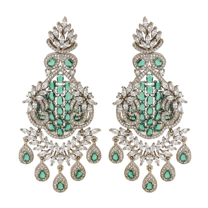 Gold plated statement necklace set with green stones and matching chandelier earrings for bridal and festive wear