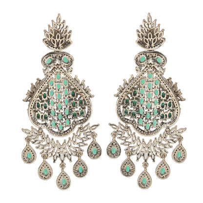 Gold plated statement necklace set with green stones and matching chandelier earrings for bridal and festive wear