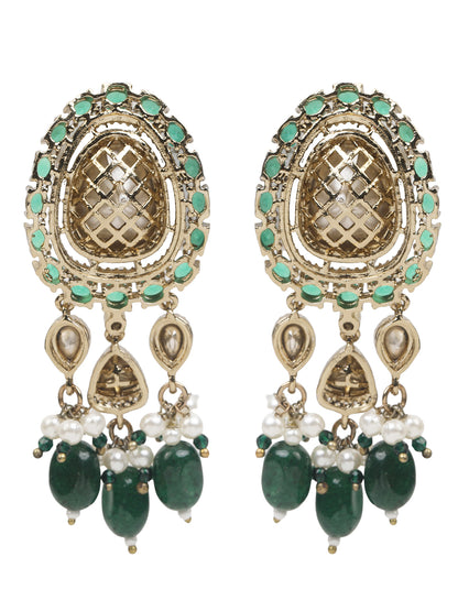 Elegant gold-tone choker necklace set with large mirror-polished stones, green bead accents, and pearl detailing, paired with matching dangling earrings