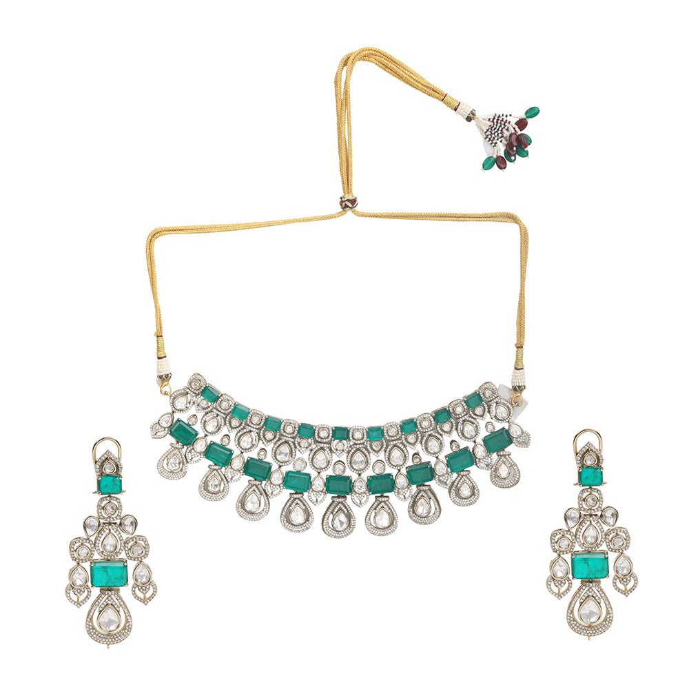 Emerald green kundan bridal necklace set with matching earrings, gold plated choker style wedding jewelry