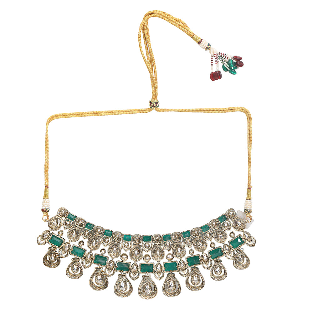 Emerald green kundan bridal necklace set with matching earrings, gold plated choker style wedding jewelry