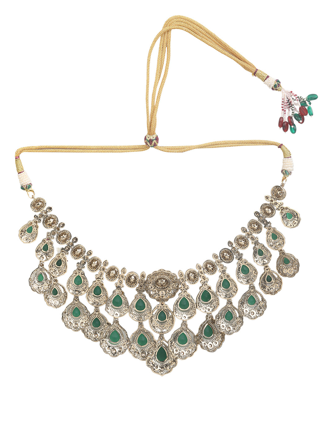 Traditional Kundan Emerald Green Necklace Set with Earrings Gold Tone Bridal Jewelry