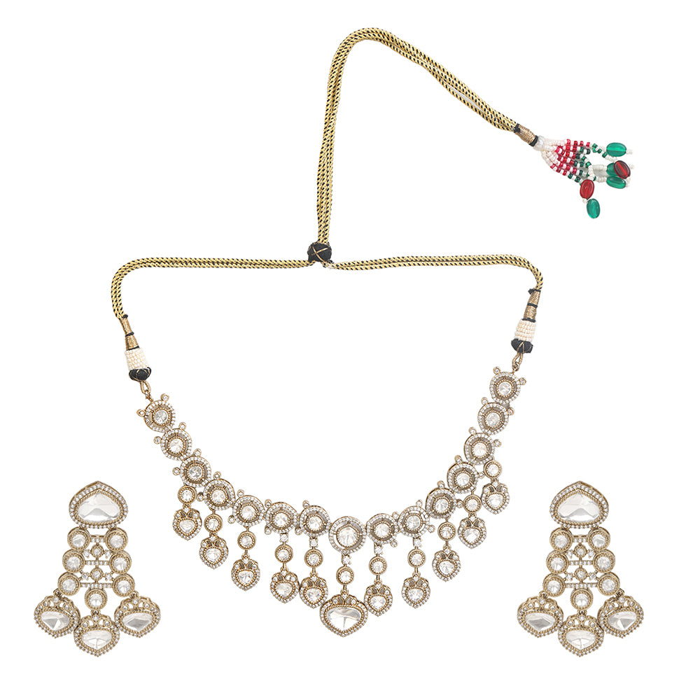 Gold plated Kundan necklace set with white stones and matching chandelier earrings for bridal and festive wear
