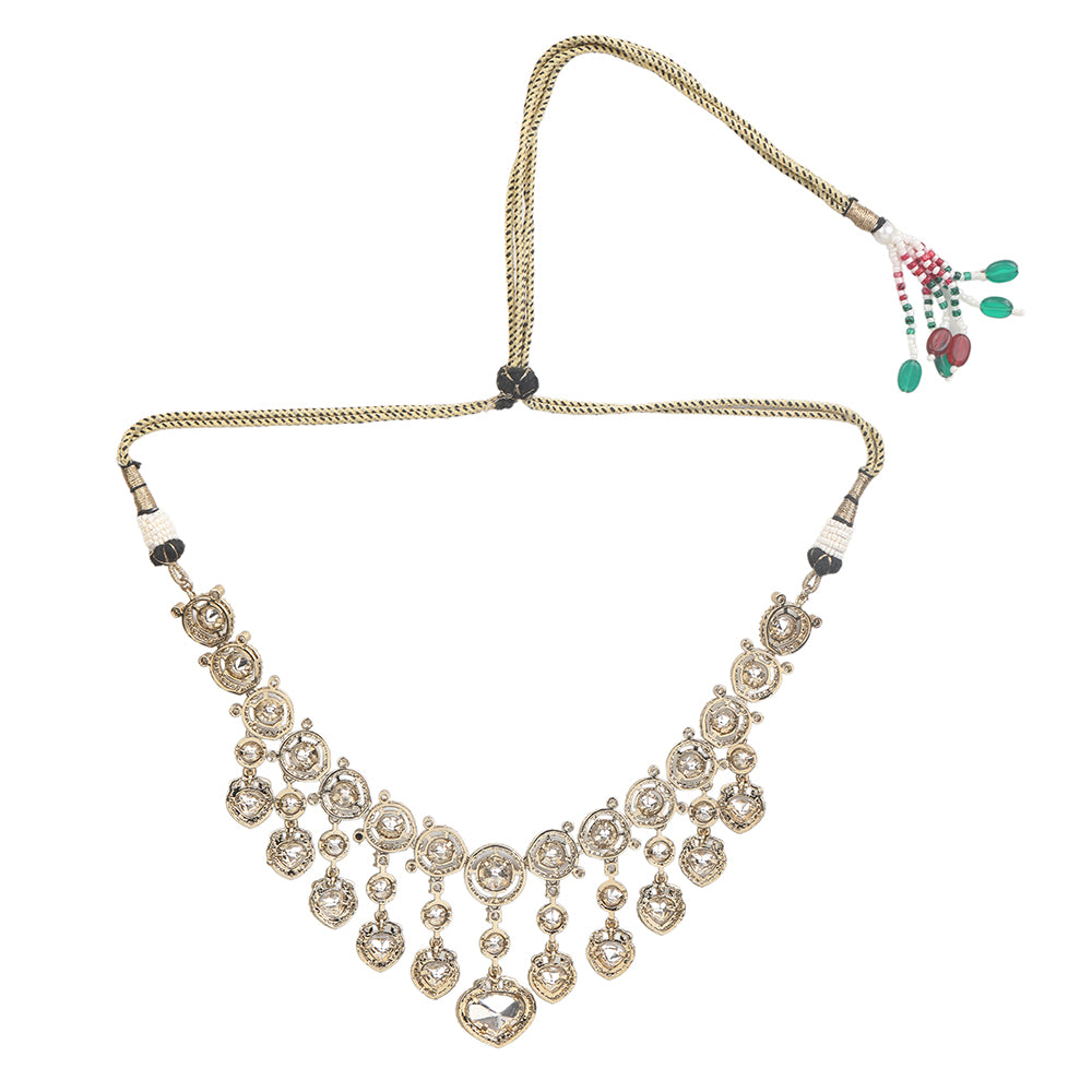 Gold plated Kundan necklace set with white stones and matching chandelier earrings for bridal and festive wear