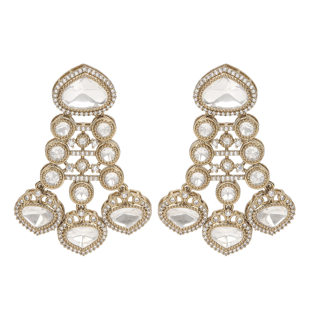 Gold plated Kundan necklace set with white stones and matching chandelier earrings for bridal and festive wear