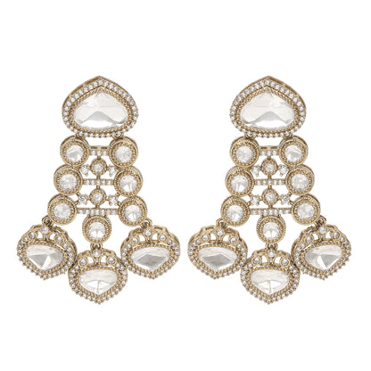 Gold plated Kundan necklace set with white stones and matching chandelier earrings for bridal and festive wear
