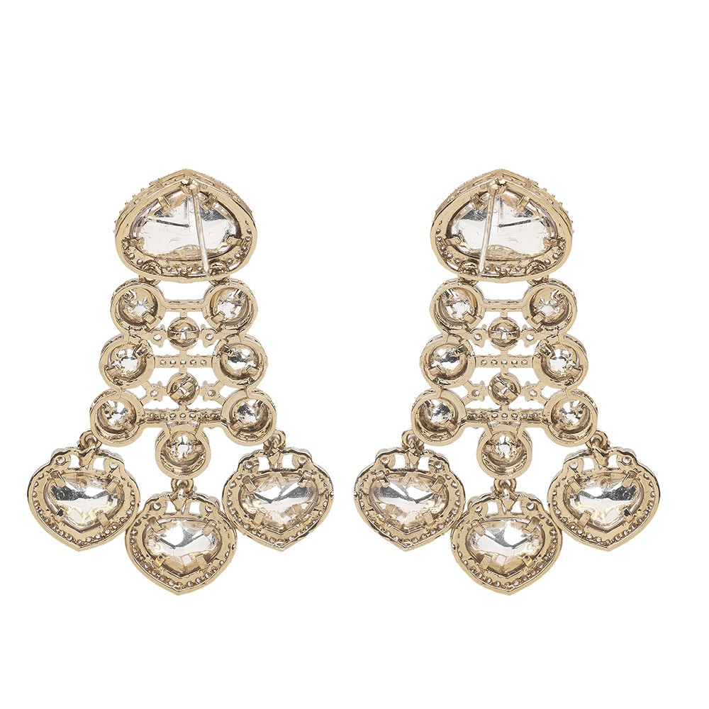 Gold plated Kundan necklace set with white stones and matching chandelier earrings for bridal and festive wear