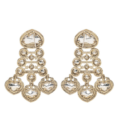 Gold plated Kundan necklace set with white stones and matching chandelier earrings for bridal and festive wear