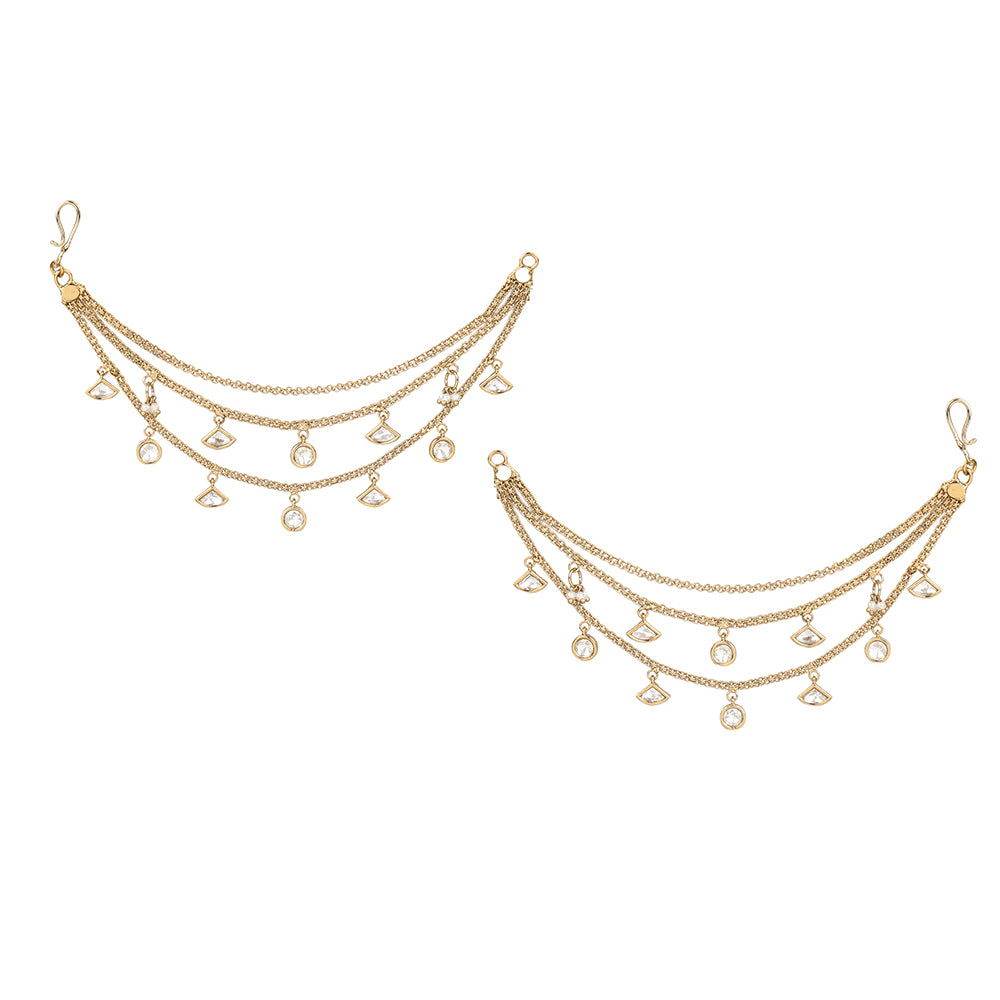 Gold-plated crystal multi-layer kaan chain for women with dangling charms, bridal ear chain accessory for weddings and festive wear.