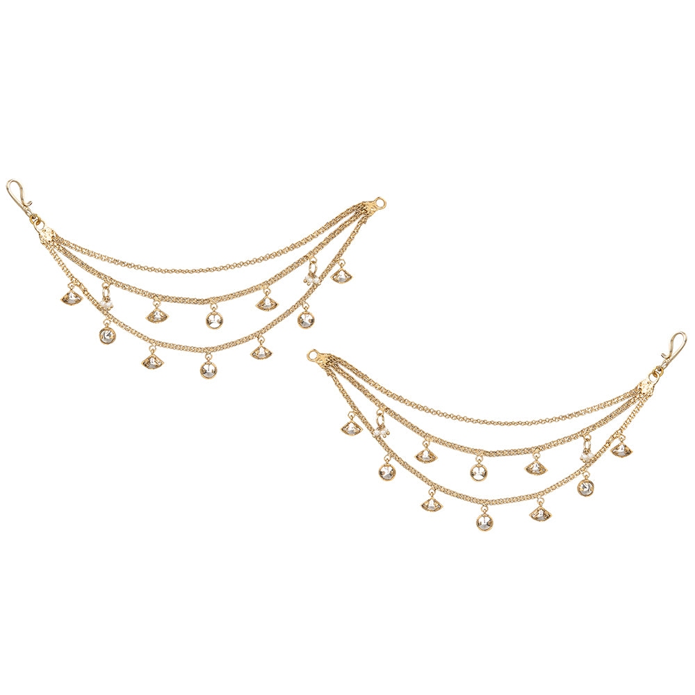 Gold-plated crystal multi-layer kaan chain for women with dangling charms, bridal ear chain accessory for weddings and festive wear.