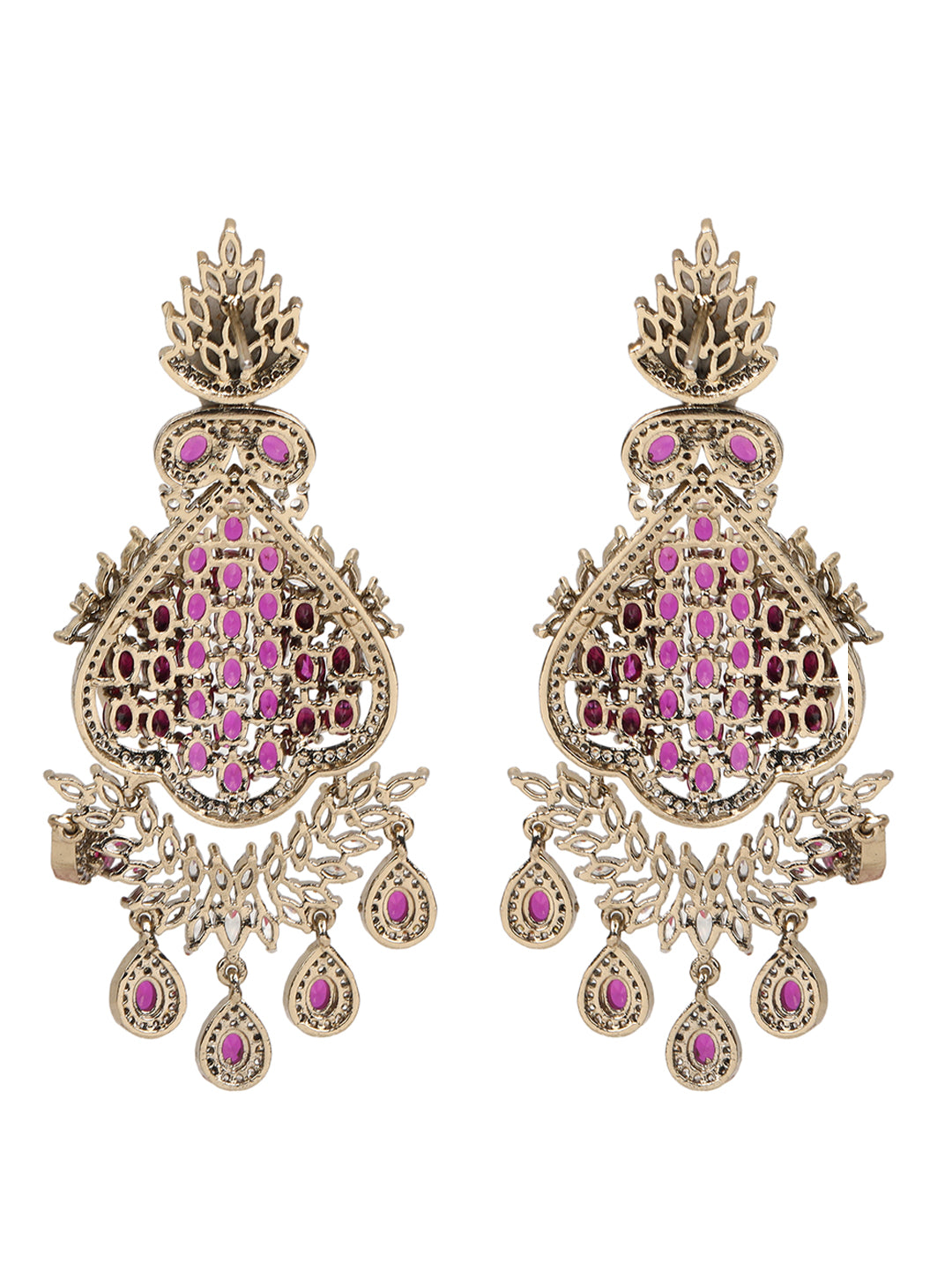 Gold-tone statement necklace set with pink ruby-style stones and clear crystals in an intricate floral design, paired with matching chandelier earrings featuring drop accents.