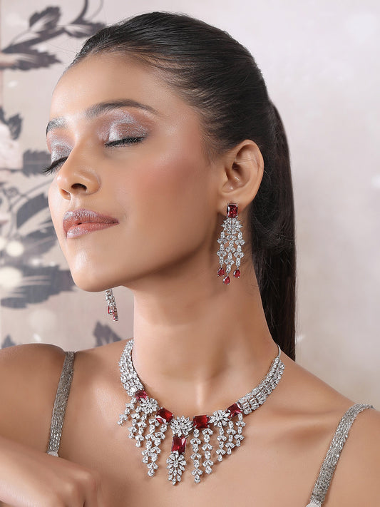 Jewellery Necklace set Matching Earrings Red  And Silver