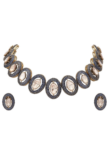 Gold-Plated Handcrafted Necklace Set with Blue Crystal Accents