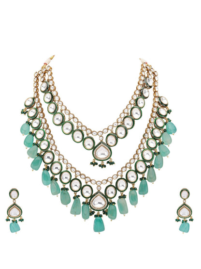 Gold-Plated Kundan Necklace Set with Green Bead Drops