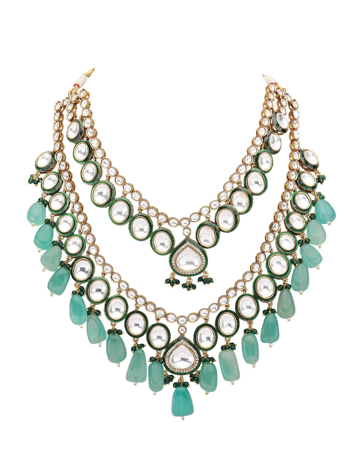 Gold-Plated Kundan Necklace Set with Green Bead Drops