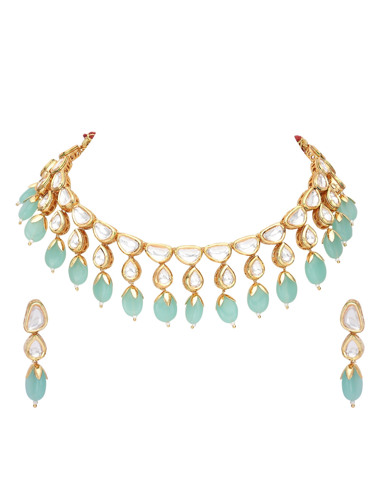 Kundan Necklace Set with Aqua Blue Beads For Girls 