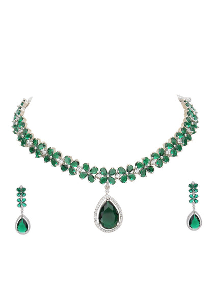 Elegant Green Crystal Necklace Set with Floral Design